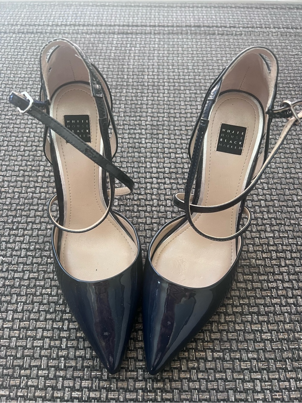 White House Black Market Dark Blue Patent Pointed-Toe Ankle-Strap Pumps 7M